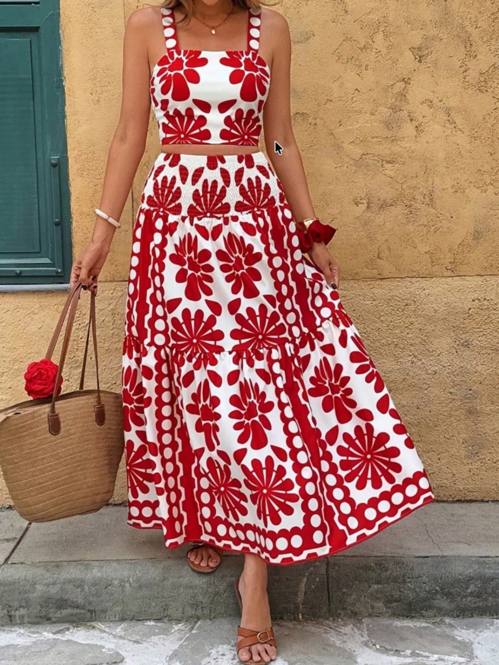 Boho Floral print Shirred Cami Cropped top maxi Skirt Set - Picture 4 of 4